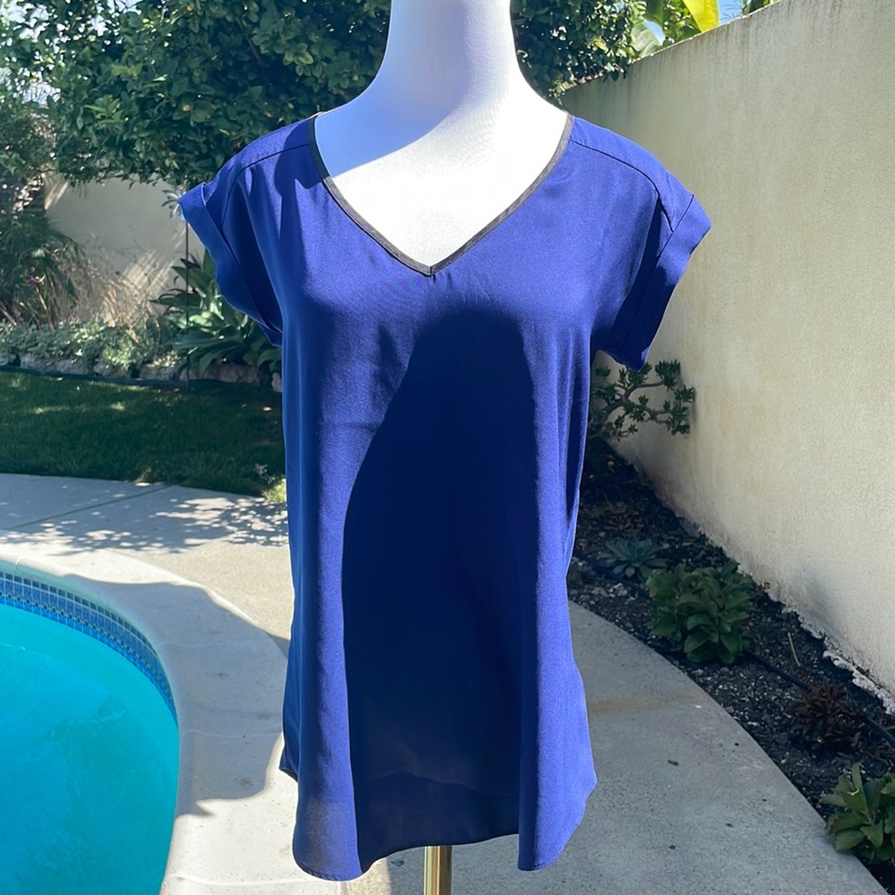 Express silky royal blue with black neck trim blouse by Express | size XS